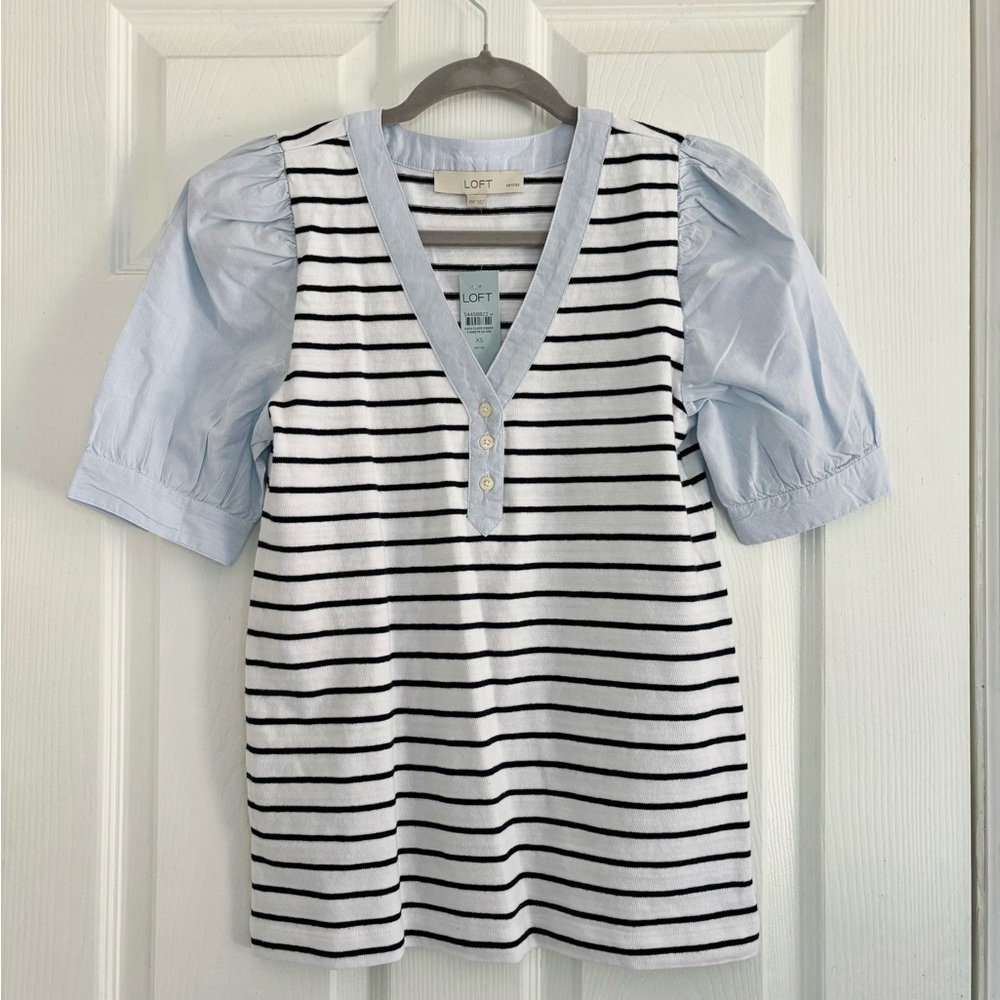 LOFT White & Black Striped Knit Top with Light Blue Puff Sleeves